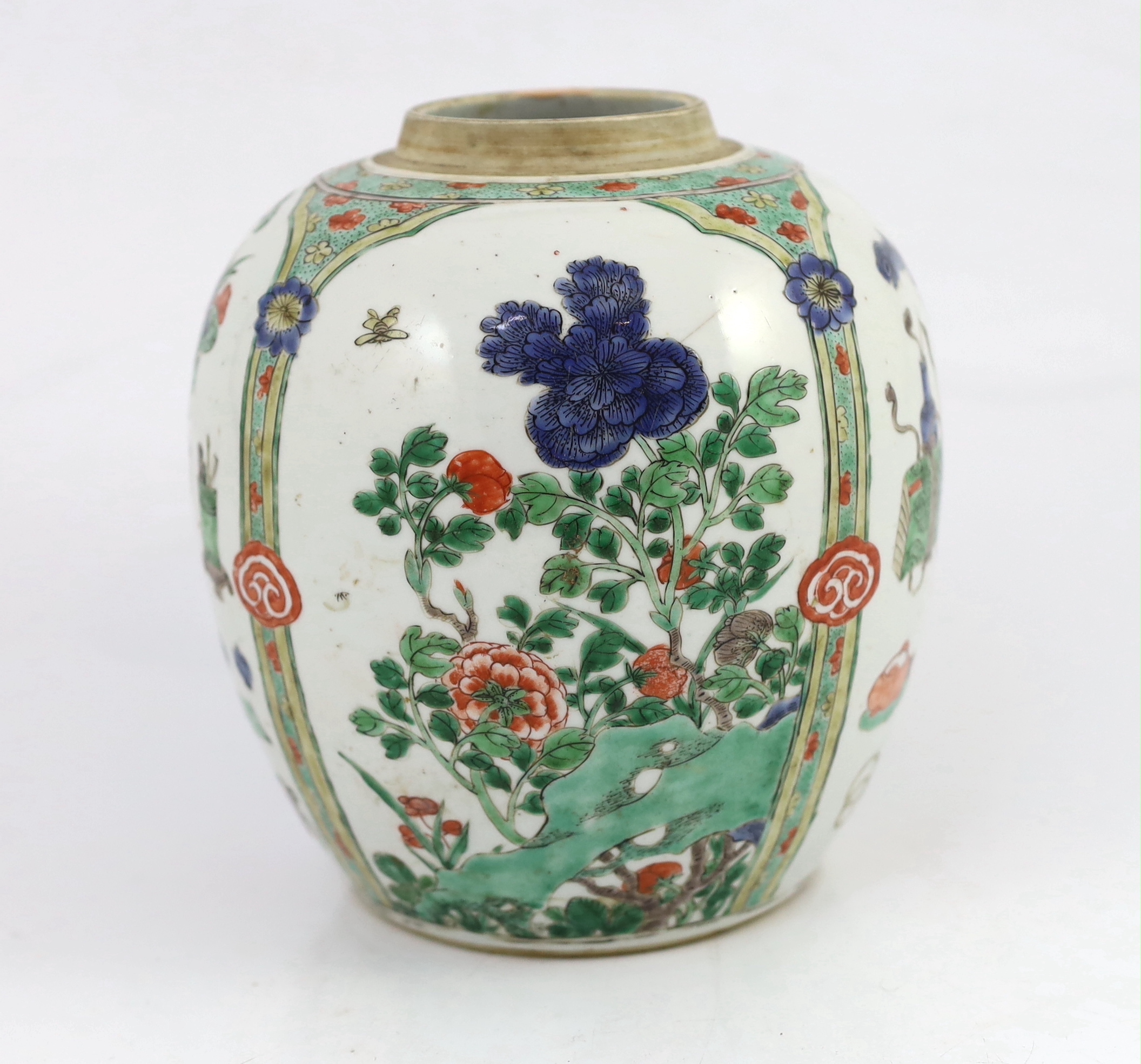 A Chinese famille verte 'Hundred Antiques' ovoid jar, Kangxi period, star crack